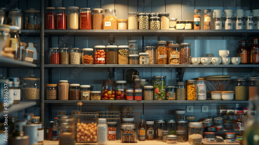 A detailed shot of a well-organized pantry with labeled shelves holding canned goods and dry ingredients