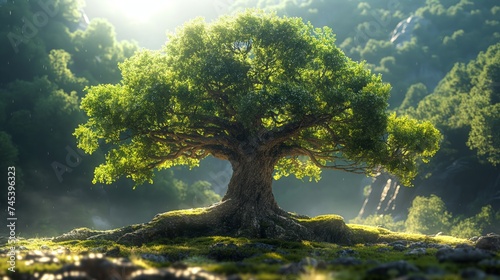 Old oak tree in the meadow at sunset