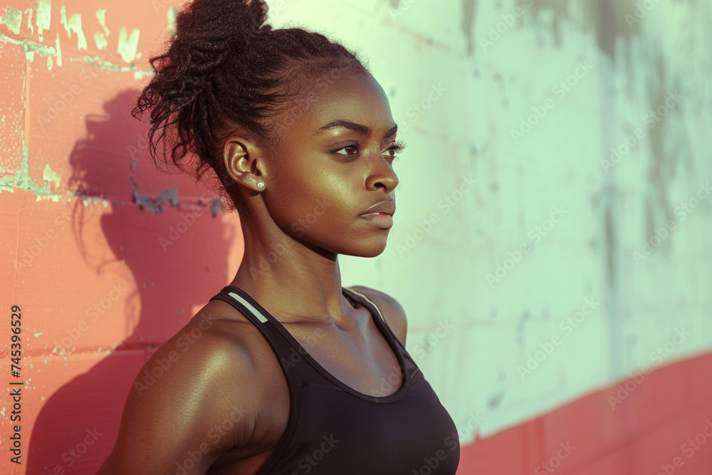 Fototapeta premium Portrait of african american woman in black sportswear standing. confident African Female Athlete. A shot of a happy black female athlete in a gym. Confident African American Female Athlete in Black.