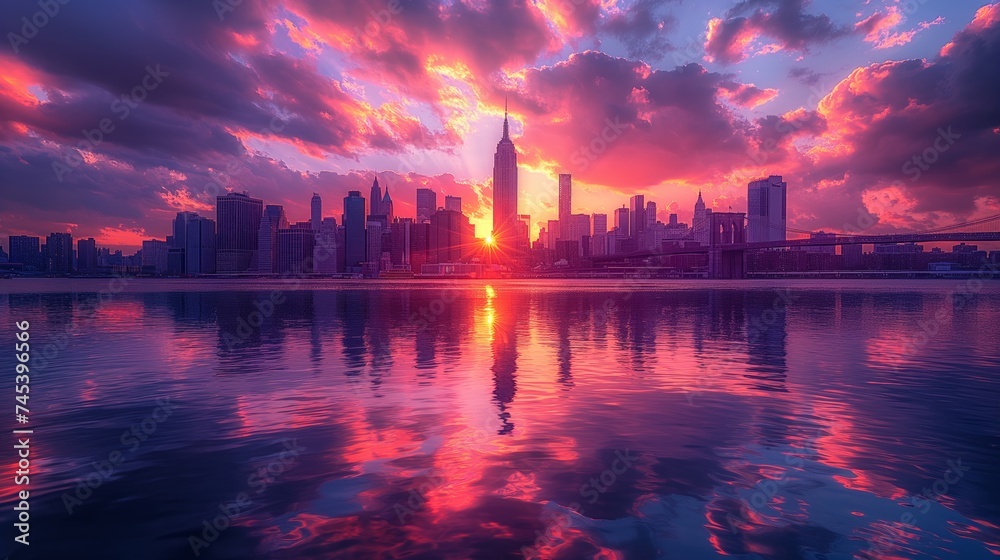 Shanghai skyline at sunset with reflection in Huangpu River - obrazy, fototapety, plakaty 