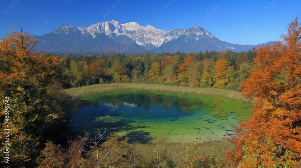 a green pond surrounded by trees with a mountain in the backgrouf of the picture in the background.