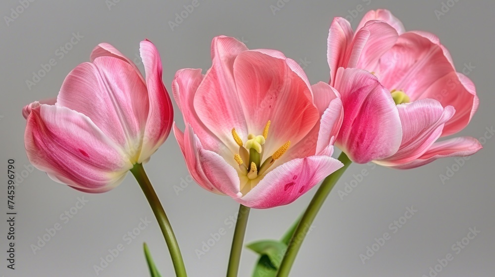 Naklejka premium three pink tulips in a glass vase on a gray background with a light reflection on the bottom of the vase.