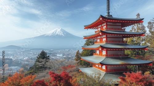 Mt. Fuji and pagoda at sunrise in autumn  Japan