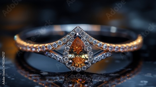 Wedding ring with precious stones on black background, closeup