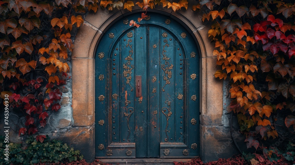 Gothic door in the forest. Halloween concept. Gothic door in the forest. Halloween concept.