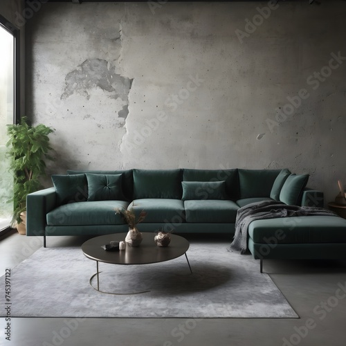 Modern living room interior design in a loft style, with a dark green velvet corner sofa next to a concrete wall adorned with stone accents.