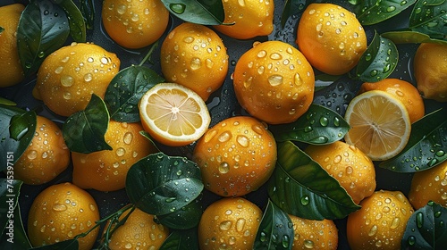 Many fresh ripe lemons with green leaves as background, closeup. Created with Generative AI