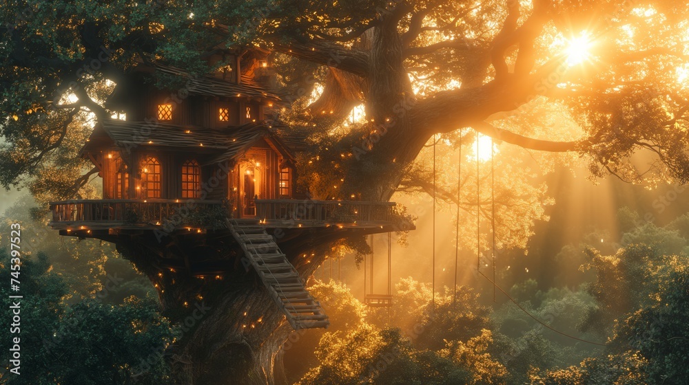 Old wooden house on a tree in the forest with rays of light