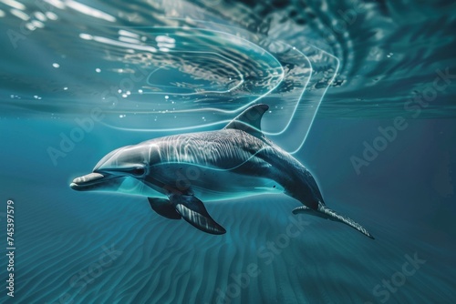 An underwater shot of a dolphin mid-echolocation, with visible sound waves creating patterns in the sunlit water, highlighting the marine mammal's grace and intelligence. photo