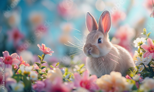 White Rabbit with Pink Egg on Pastel Background 