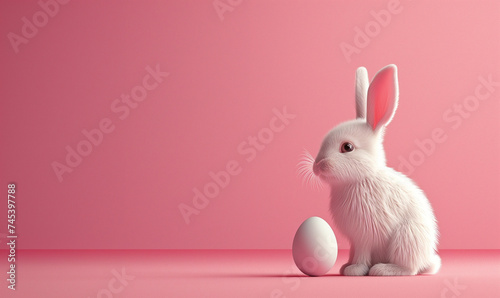 White Rabbit with Easter Egg on Pink Background 