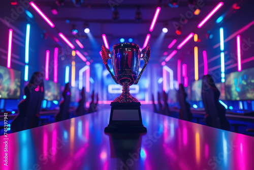 A cinematic photography of a golden piston covered in neon red and blue lights on blurred background.