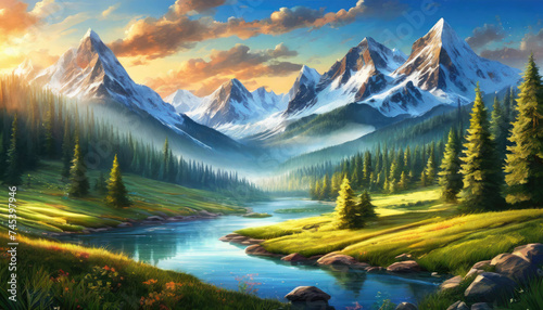 Illustration of green landscape with lake and snowy mountains