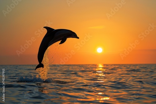 a dolphin leaping out of the ocean at sunset. Place for text © evgenia_lo