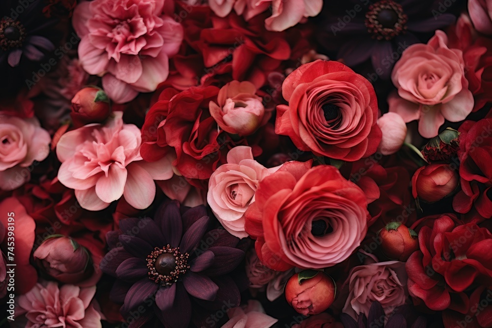 Red and pink cut flowers, floral background