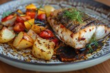 Grilled fish with roasted potatoes and vegetables on the plate.