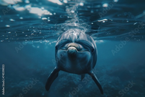 Close-up of a dolphin underwater, facing the camera with a playful expression, light ripples on the water surface above. © evgenia_lo