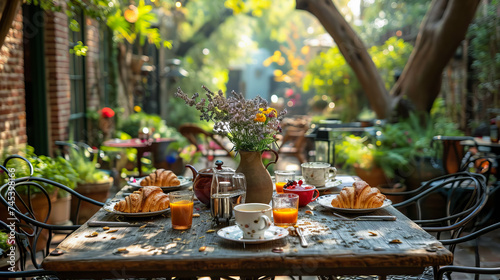 Breakfast in Bloom. Croissant, Cake, and Flowers