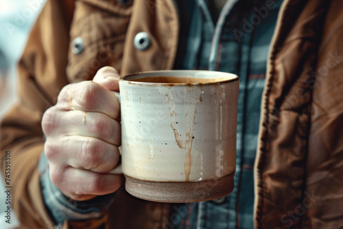 Coffee Shop customer holding a large cup of Coffee, Happy senior man holding a cup of coffee, Barista presents cup of hot coffee at cafe, coffee shop business, Close up of professional barista.
