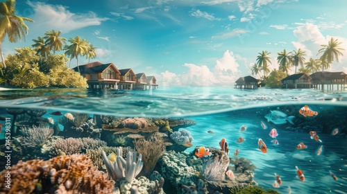 Tropical island of Maldives with underwater life, a view of a tropical island and a view under the sea with fish and corals