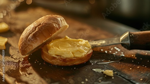Morning breakfast with bun and butter. Background concept photo