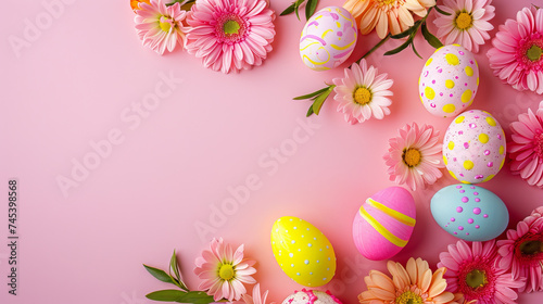Easter eggs and flowers decor banner on pink background with copyspace
