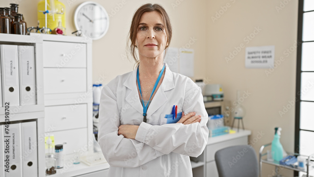 A confident middle-aged woman scientist with folded arms stands in a bright laboratory environment, exemplifying professionalism A confident middle-aged woman scientist with folded arms stands in a bright laboratory environment, exemplifying professionalism
