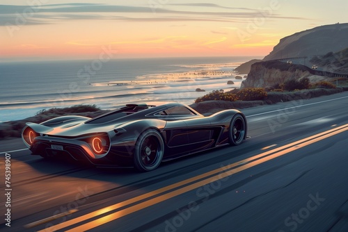 An ultra-lightweight supercar made from recycled materials, racing along a coastal road with the ocean as its backdrop, in honor of Earth Day. © Abdul