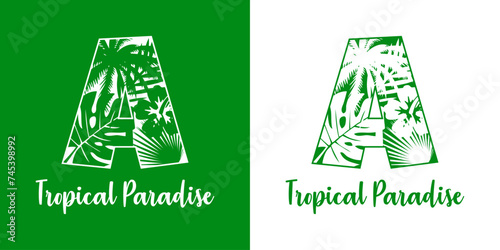 Logo destino de vacaciones. Mensaje Tropical Paradise con letra inicial A con silueta de plantas tropicales