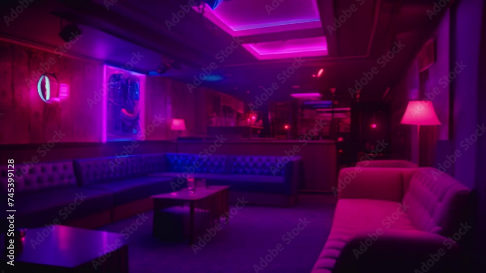 Interior of a night club with bright lights. Night club. A decorated night club with stylish couches and colorful cocktail tables, AI Generated Interior of a night club with bright lights. Night club. A decorated night club with stylish couches and colorful cocktail tables, AI Generated