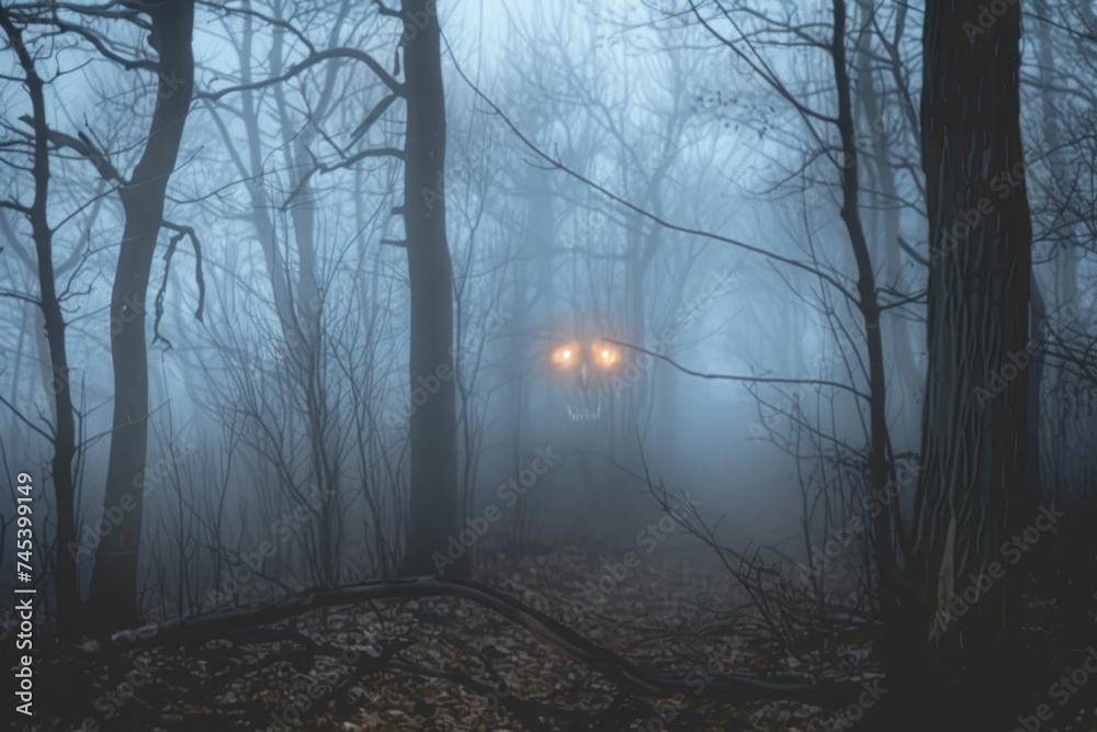 Mysterious glowing eyes and faint visage in the dense fog of a hauntingly bare forest. Place for text