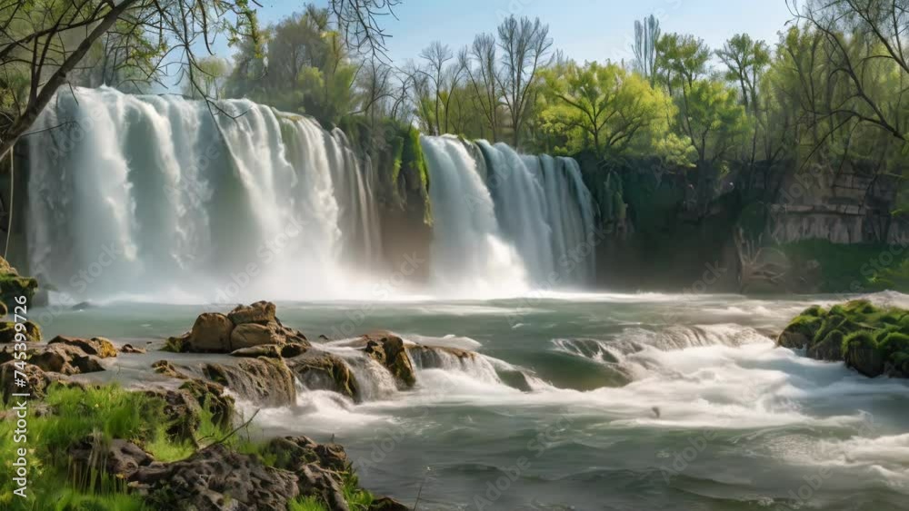 Nature's Serene Waterfall: A picturesque cascade amidst lush greenery, flowing gracefully in the forest
