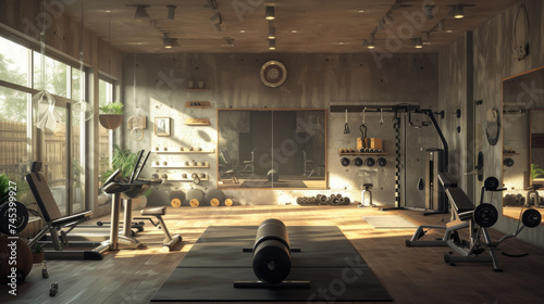 A panoramic view of an organized home gym with exercise equipment, mirrors, and motivational quotes on the walls