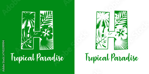 Logo destino de vacaciones. Mensaje Tropical Paradise con letra inicial H con silueta de plantas tropicales