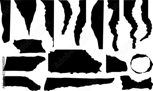 Collection of   torn paper pieces. Black square frames with Irregular edges.Set of silhouettes of ripped rectangular shapes. Piece of grunge collage stickers.