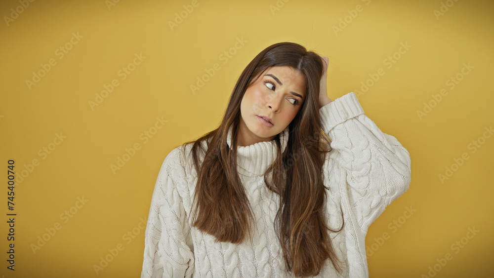 Pensive young hispanic woman in a white sweater posing against a yellow background, exuding a contemplative charm. Pensive young hispanic woman in a white sweater posing against a yellow background, exuding a contemplative charm.