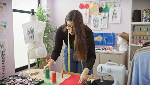 A focused woman tailor measuring fabric in a colorful atelier surrounded by sewing equipment and mannequins. photo