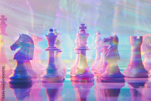 A striking chess set with pieces that have a holographic pastel finish, reflecting vibrant colors under a soft light.