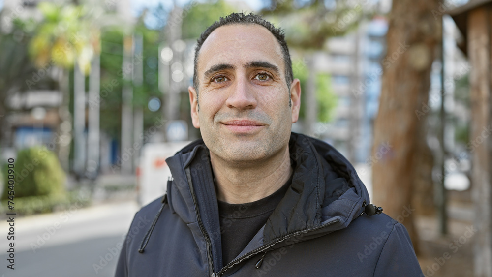 Hispanic man smiling in an urban park setting, portraying a casual and relaxed atmosphere.