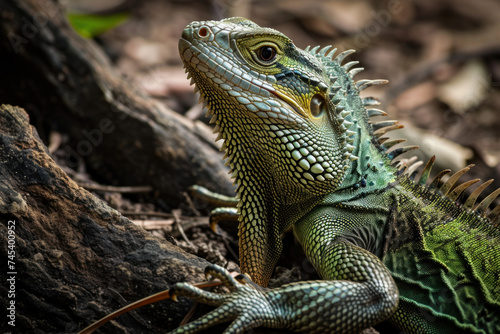 Green iguana close up in a forest