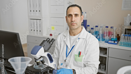 A professional hispanic man in a lab coat works with a microscope in a well-equipped laboratory, portraying focus and expertise.