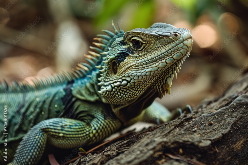 Fototapeta premium Green iguana close up in a forest