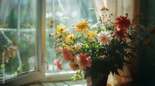Um buquê vibrante em uma loja de flores iluminado por luz natural e convidando para um momento acolhedor