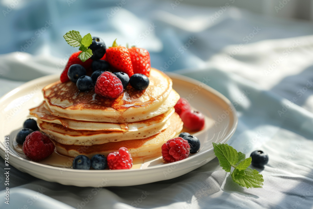 Plate of classic pancakes topped with fresh berries. Healthy summer breakfast. Generative AI Plate of classic pancakes topped with fresh berries. Healthy summer breakfast. Generative AI