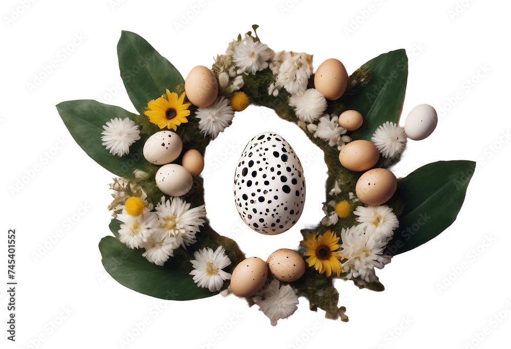 Easter egg shape made of flowers leaves and quail eggs Minimal holiday concept Natural Floral patter - obrazy, fototapety, plakaty 