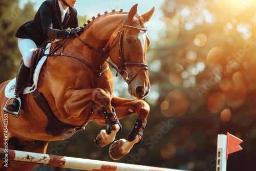 Equestrian in formal attire riding a chestnut horse clearing a jump during a show jumping event, with sunlit bokeh in the background. © evgenia_lo