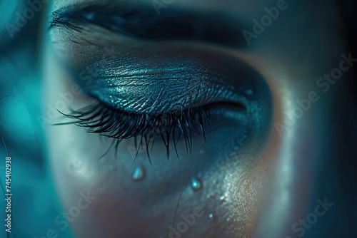 Sad woman concept - closed eyelid closeup with a teardrop on eyelashes.  photo