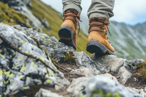 A person wearing hiking boots hikes on a rocky mountain trail