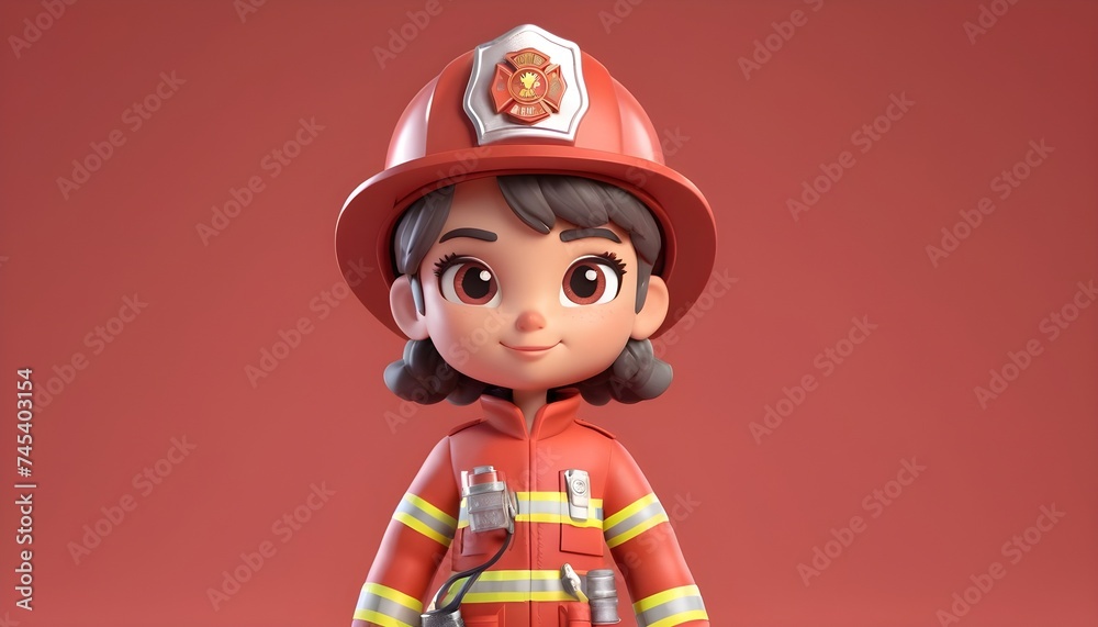 Toon firewoman in uniform, pastel red background Toon firewoman in uniform, pastel red background