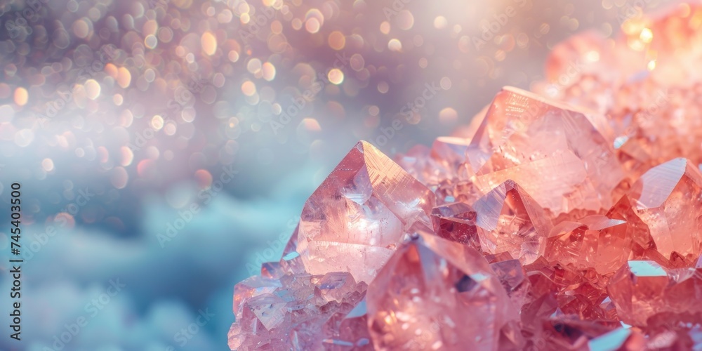 Macro shot of sparkling rose quartz crystal cluster with a bokeh light effect. Place for text Macro shot of sparkling rose quartz crystal cluster with a bokeh light effect. Place for text